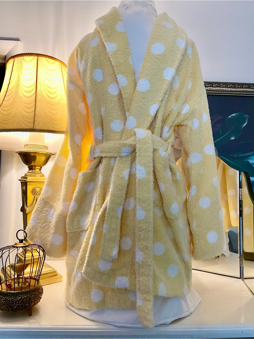 Aegean Apparel Yellow Polka Dot Belted Shortie Robe New